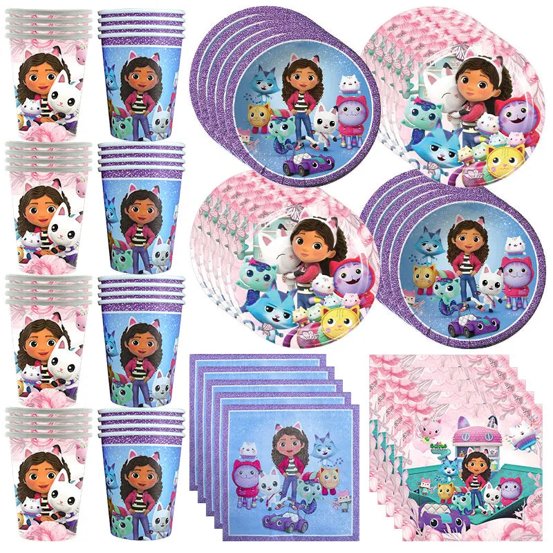 קישוטים וכלים חד-פעמיים ליום הולדת בנושא בית הבובות של גבי