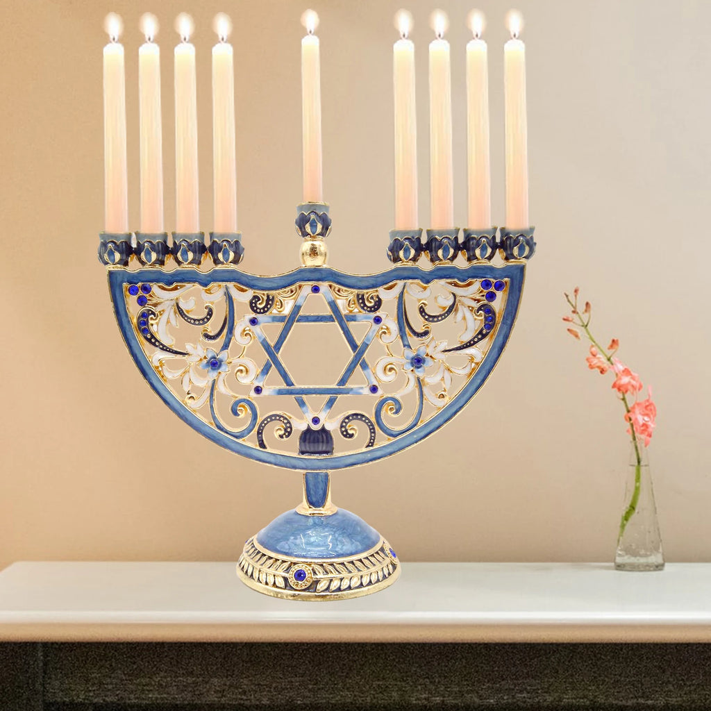 מנורת חנוכה יהודית אמייל בסגנון אירופאי רטרו מצוירת ביד עם עיטורי תכשיטים פמוט יהודי מעוטר תכשיטים מלאכות חג המולד Gi