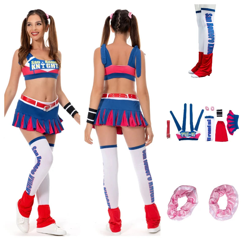תחפושת קוספליי ג'ולייט סטארלינג מ-Lollipop Chainsaw לנשים ובנות, תלבושת מעודדת, חצאית, בגדי מסיבת ליל כל הקדושים וקרנבל