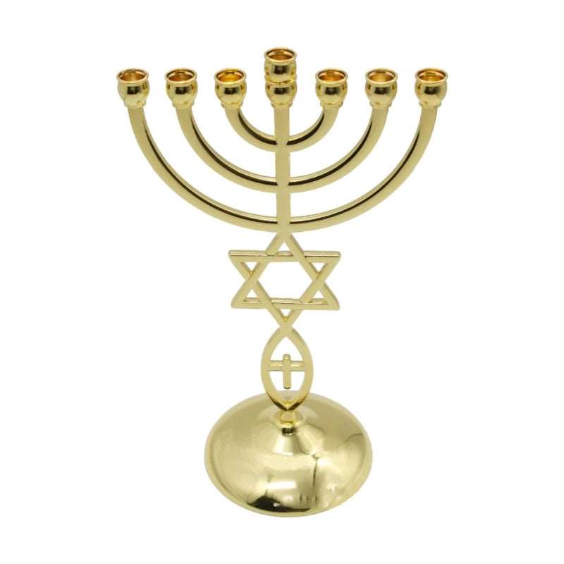 מנורה יהודית מסורתית בעלת 7 קנים, קישוט בדמות כלי המקדש בירושלים