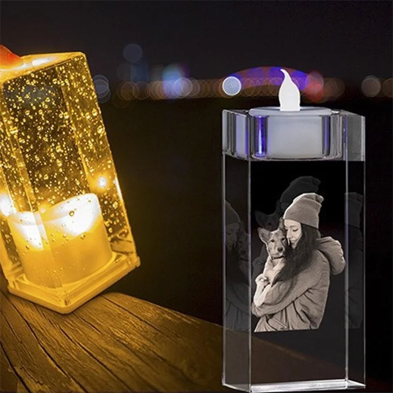 מחזיק נרות בהתאמה אישית עם תמונה דו-ממדית/תלת-ממדית, מעמד קריסטל לנר תה עם חריטה אישית של תמונה וטקסט, מתנה להנצחה