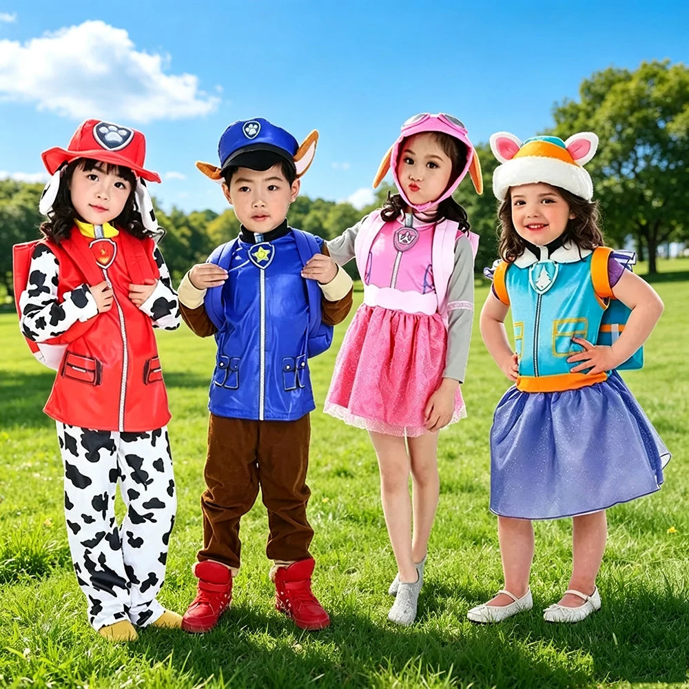 תחפושת לילדים של מפרץ ההרפתקאות: חולצה, מכנסיים, תיק גב וכובע של מרשל, צ'ייס, סקיי, זומה וראבל - תחפושת קוספליי לליל כל הקדושים
