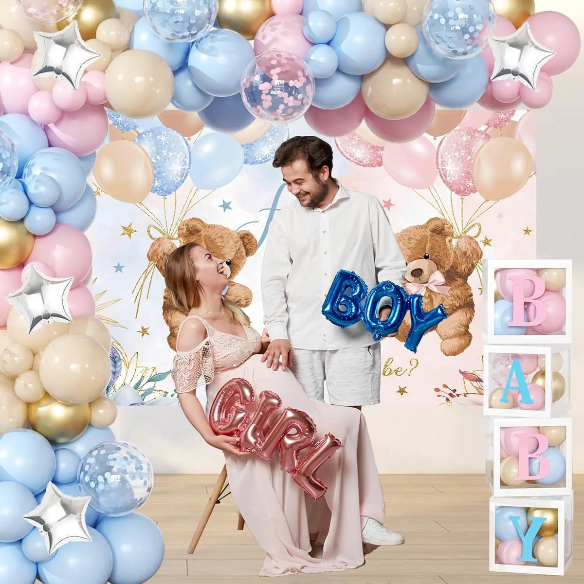 ערכת קשת בלונים ורוד-כחול לגילוי מין