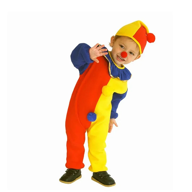 תחפושת ליצן קרקס לילדים של Sydanne, תלבושת קוספליי ליום הולדת, ליל כל הקדושים או מסיבות, כוללת אוברול וכובע לבנים ובנות