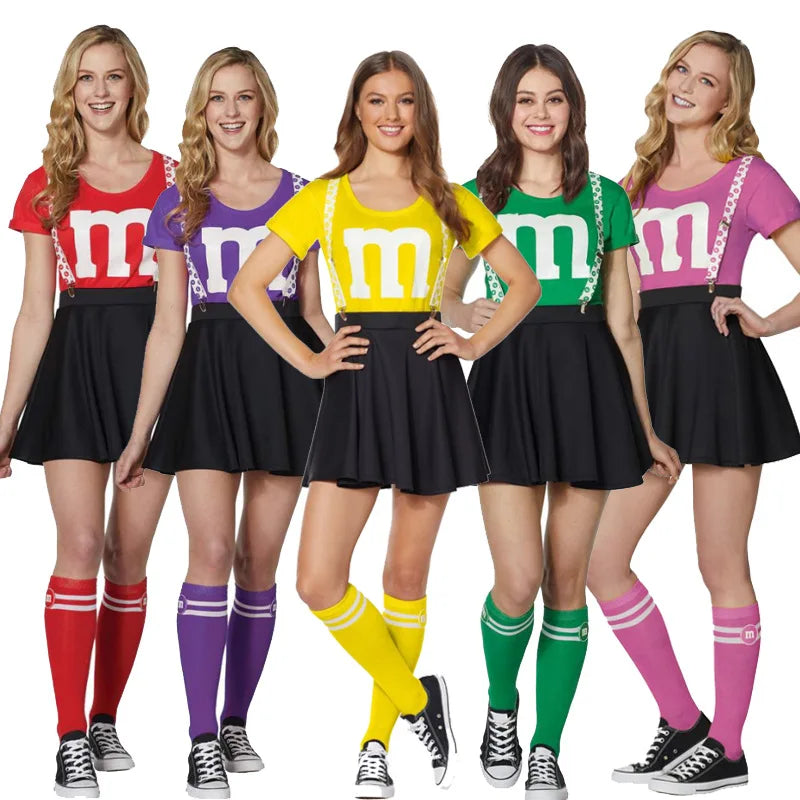 תחפושת מעודדות M&M לנשים, חצאית טוטו, חולצת טי, ערכת מדי מעודדת, שלייקס מחוברים, תחפושת קבוצתית למבוגרים