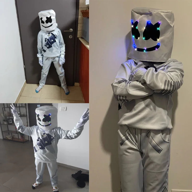 מסכת LED מרשמלו לבנים ובנות לריקוד, תחפושת ליצן לקוספליי, מסיבת ליל כל הקדושים וחג המולד, בגדי משחק ותחפושות פורטנייט