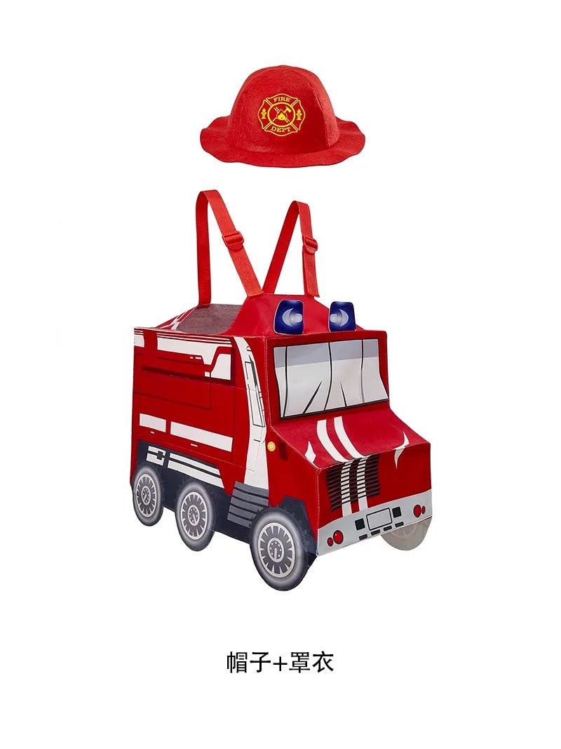 תחפושת רכב משטרה, רכב בנייה, אמבולנס או כבאית לילדים, מתאים למסיבת הלילווין, לגן או להופעה.