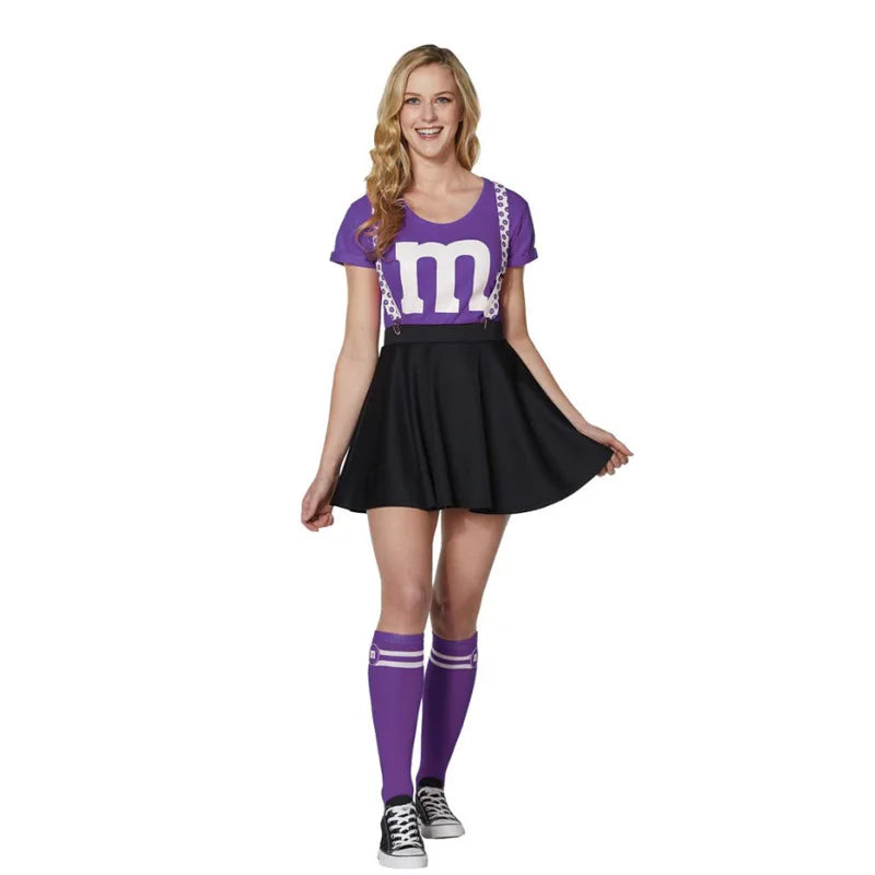 תחפושת מעודדות M&M לנשים, חצאית טוטו, חולצת טי, ערכת מדי מעודדת, שלייקס מחוברים, תחפושת קבוצתית למבוגרים