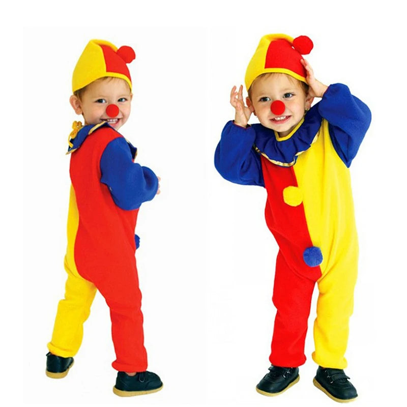 תחפושת ליצן קרקס לילדים של Sydanne, תלבושת קוספליי ליום הולדת, ליל כל הקדושים או מסיבות, כוללת אוברול וכובע לבנים ובנות