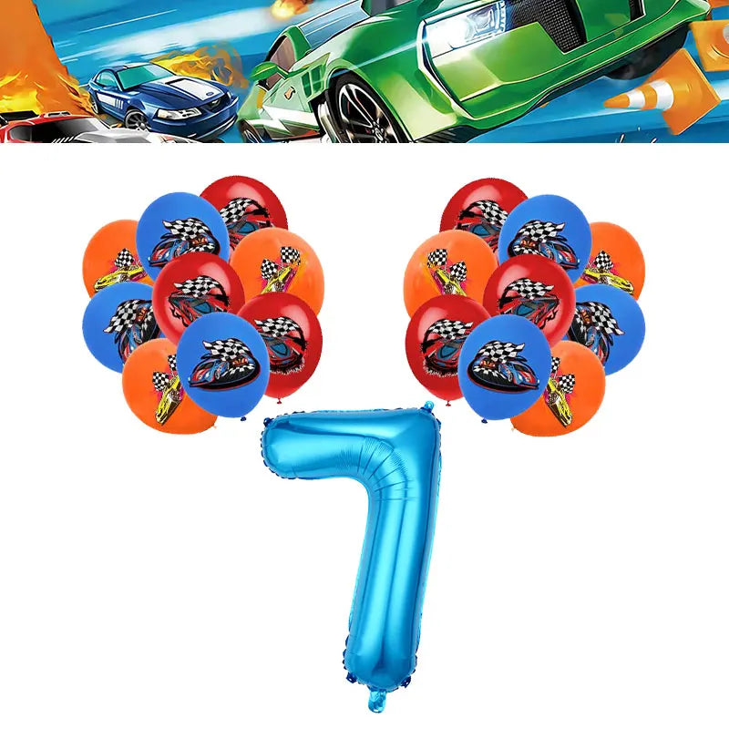 קישוטים וכלים למסיבת יום הולדת בנושא מכוניות מרוץ