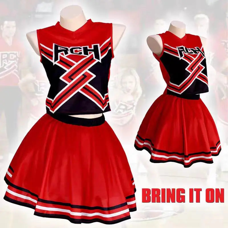 תחפושת מעודדת של "Bring It On" לנשים, כוללת חולצה מודפסת וחצאית, מדים של מעודדות למסיבת תחפושות או לליל כל הקדושים