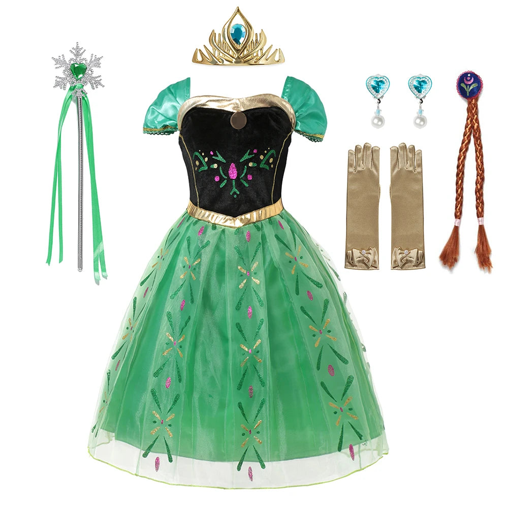 תחפושת אנה לילדות, שמלת נסיכה מהודרת למסיבות יום הולדת, שמלת קרנבל, בגדי ילדים בהדפס מלא