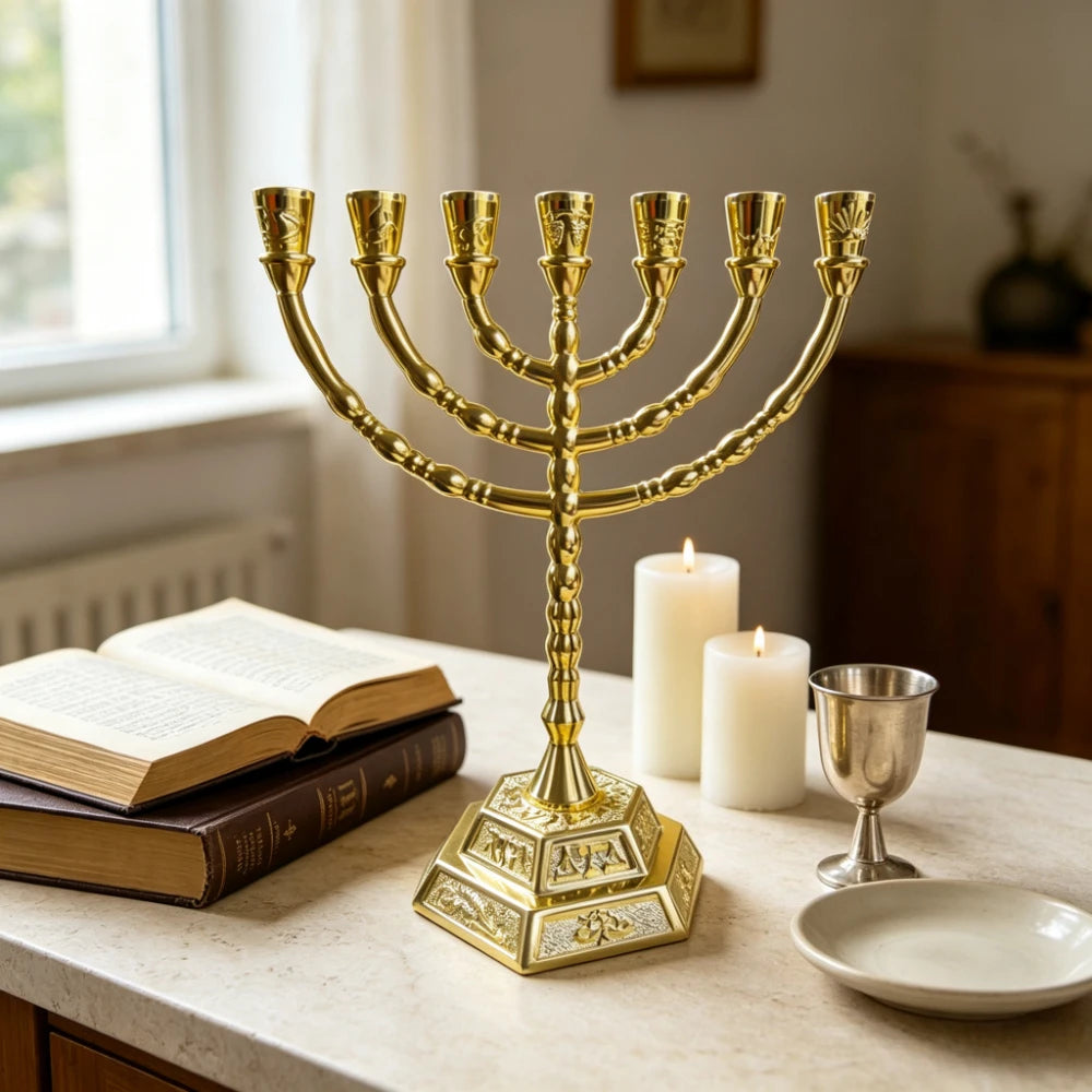 יחידה אחת של מנורת חנוכה דתית, פמוט 7 קנים מסגסוגת אבץ מוזהבת עם בסיס משושה מובלט, קישוט מזכרת לתצוגה על מזבח יהודי
