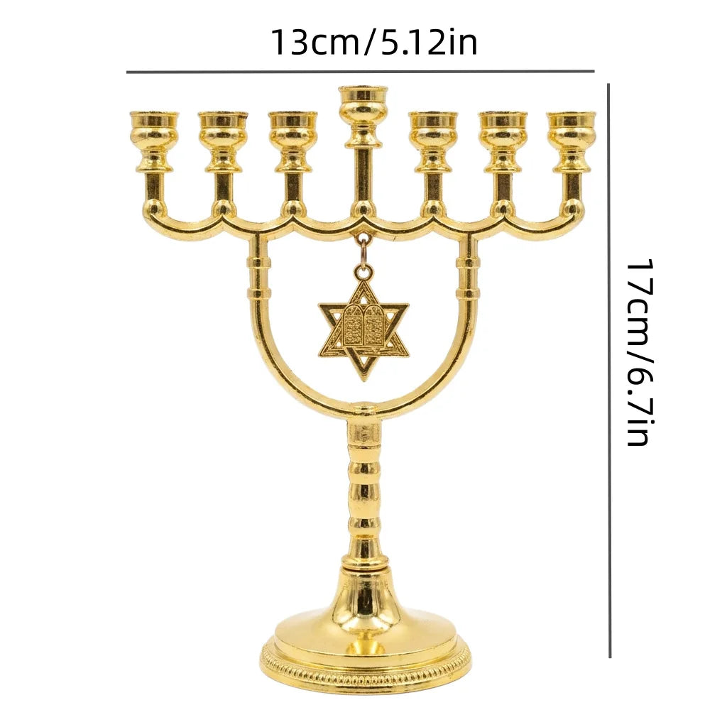 1 יחידה מנורת 7 קנים יהודית מזהב מסגסוגת אבץ פמוט עם מגן דוד מחזיק נרות דתי לחנוכה עיצוב הבית