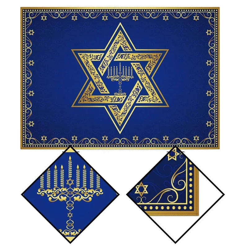 מפת שולחן חגיגית לחנוכה בעיצוב מגן דוד וחנוכייה