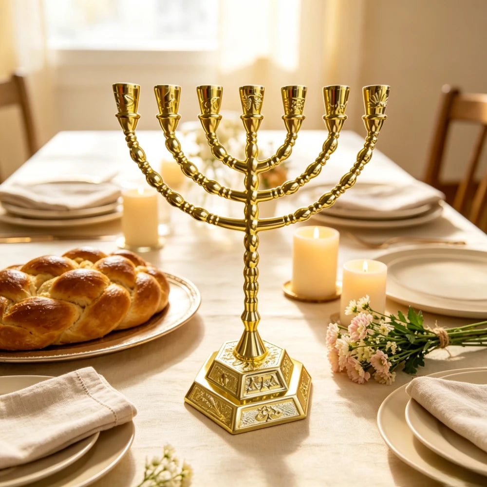 יחידה אחת של מנורת חנוכה דתית, פמוט 7 קנים מסגסוגת אבץ מוזהבת עם בסיס משושה מובלט, קישוט מזכרת לתצוגה על מזבח יהודי