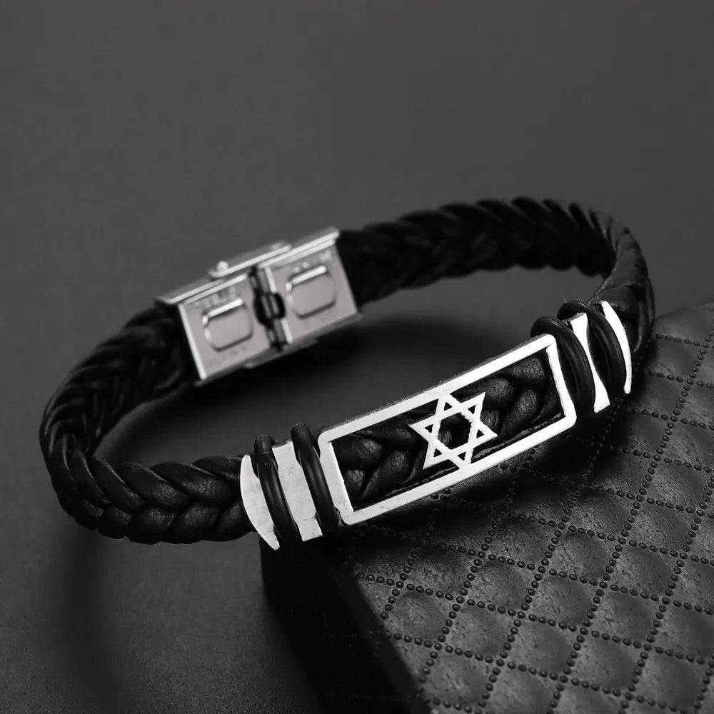 צמיד עור קלוע לגברים עם מגן דוד