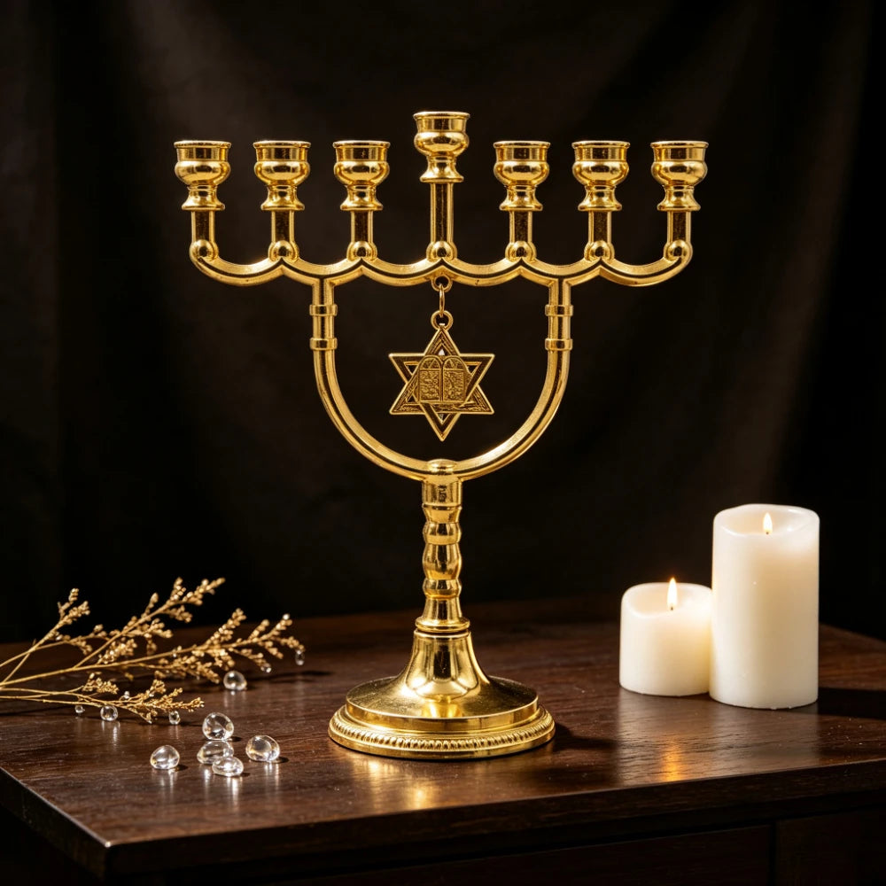 1 יחידה מנורת 7 קנים יהודית מזהב מסגסוגת אבץ פמוט עם מגן דוד מחזיק נרות דתי לחנוכה עיצוב הבית