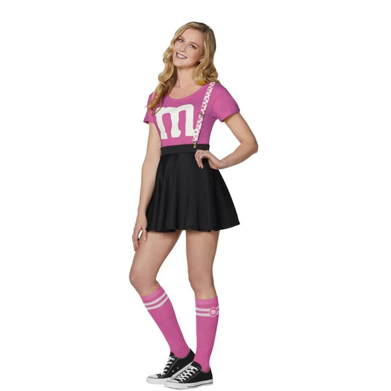 תחפושת מעודדות M&M לנשים, חצאית טוטו, חולצת טי, ערכת מדי מעודדת, שלייקס מחוברים, תחפושת קבוצתית למבוגרים