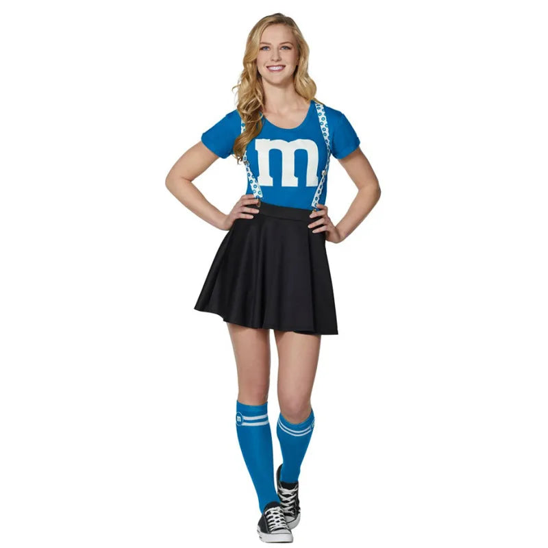 תחפושת מעודדות M&M לנשים, חצאית טוטו, חולצת טי, ערכת מדי מעודדת, שלייקס מחוברים, תחפושת קבוצתית למבוגרים