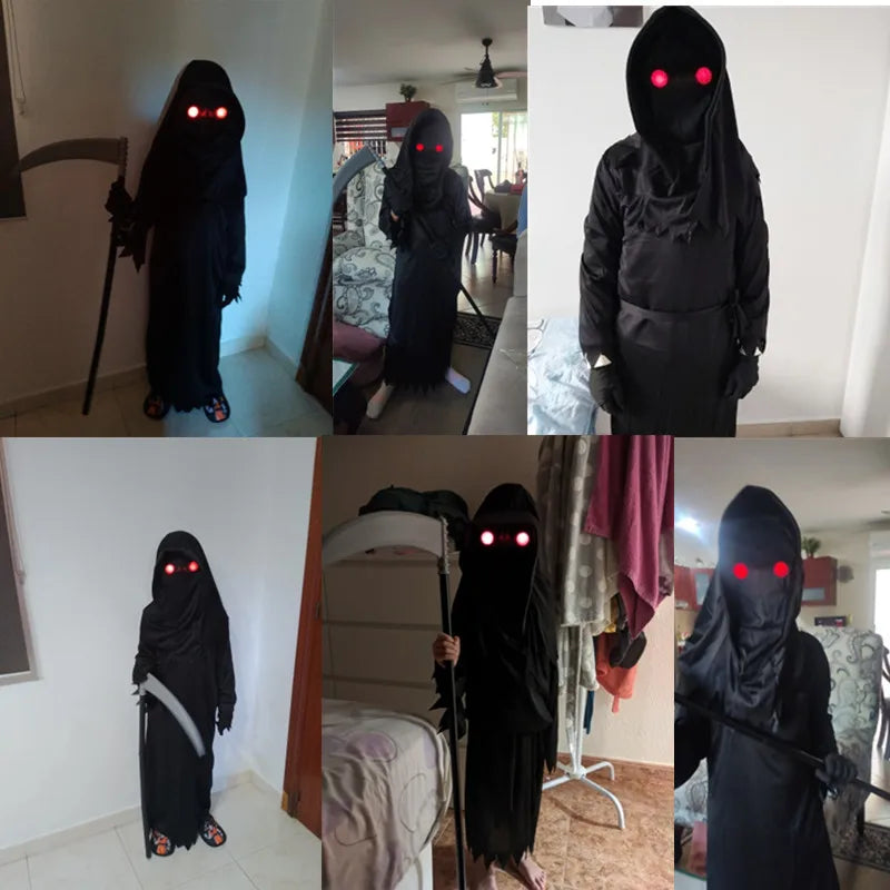 תחפושת ליל כל הקדושים קוספליי מלאך המוות, תחפושת שלד מפחידה לילדים, גלימת רוח רפאים של מלאך המוות עם עיניים אדומות זוהרות, כולל אביזר חרמש