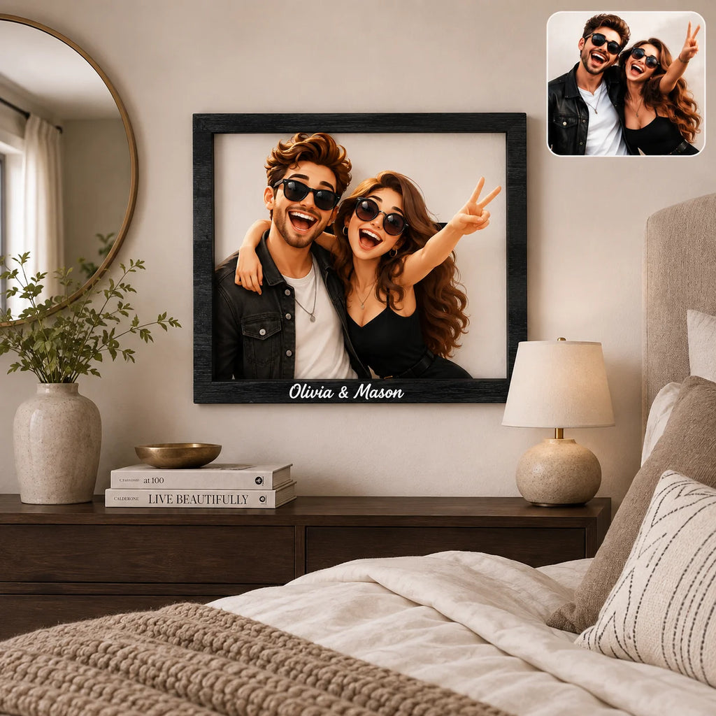 מסגרת תמונה תלת-ממדית מצוירת מותאמת אישית של דיוקן זוגי על שלט עץ, מתנה אישית ליום נישואין, חתונה, יום אהבה או יום הולדת