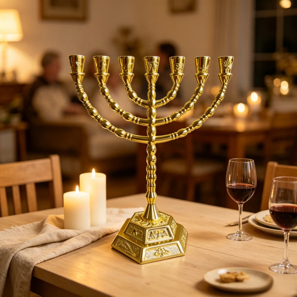 יחידה אחת של מנורת חנוכה דתית, פמוט 7 קנים מסגסוגת אבץ מוזהבת עם בסיס משושה מובלט, קישוט מזכרת לתצוגה על מזבח יהודי
