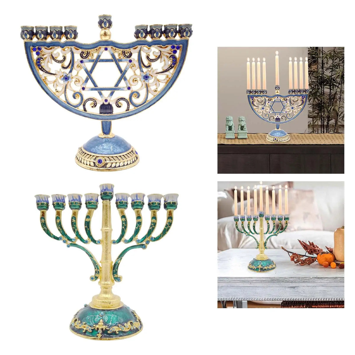 מנורת חנוכה יהודית אמייל בסגנון אירופאי רטרו מצוירת ביד עם עיטורי תכשיטים פמוט יהודי מעוטר תכשיטים מלאכות חג המולד Gi