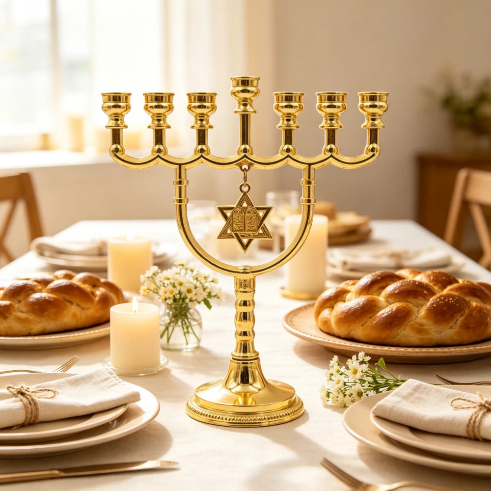 1 יחידה מנורת 7 קנים יהודית מזהב מסגסוגת אבץ פמוט עם מגן דוד מחזיק נרות דתי לחנוכה עיצוב הבית