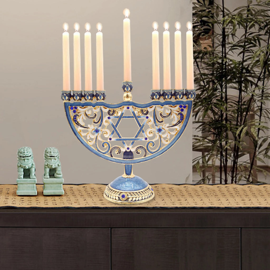 מנורת חנוכה יהודית אמייל בסגנון אירופאי רטרו מצוירת ביד עם עיטורי תכשיטים פמוט יהודי מעוטר תכשיטים מלאכות חג המולד Gi