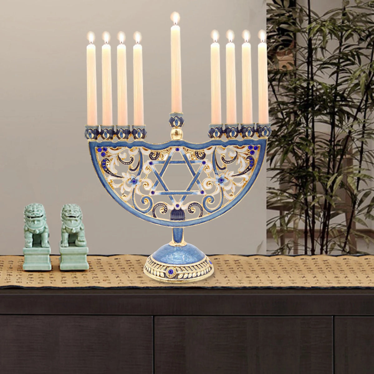 מנורת חנוכה יהודית אמייל בסגנון אירופאי רטרו מצוירת ביד עם עיטורי תכשיטים פמוט יהודי מעוטר תכשיטים מלאכות חג המולד Gi