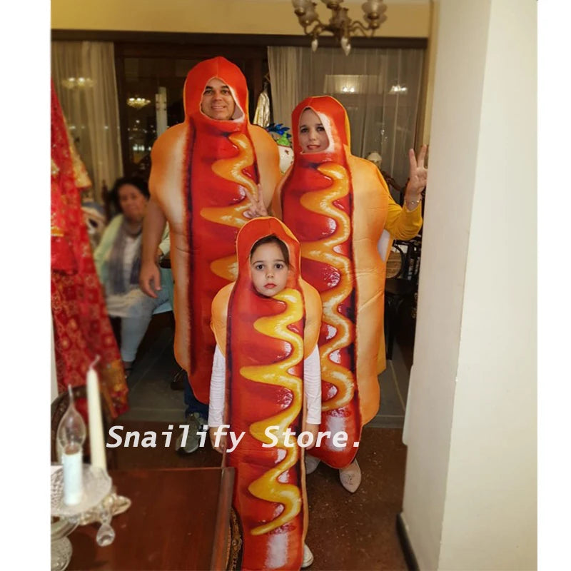 תחפושת נקניקייה מצחיקה למבוגרים ולילדים בהדפסת תלת-ממד, תחפושת אוכל לליל כל הקדושים, תחפושת גוף אחת לגברים ונשים, תחפושת משפחתית לקרנבל