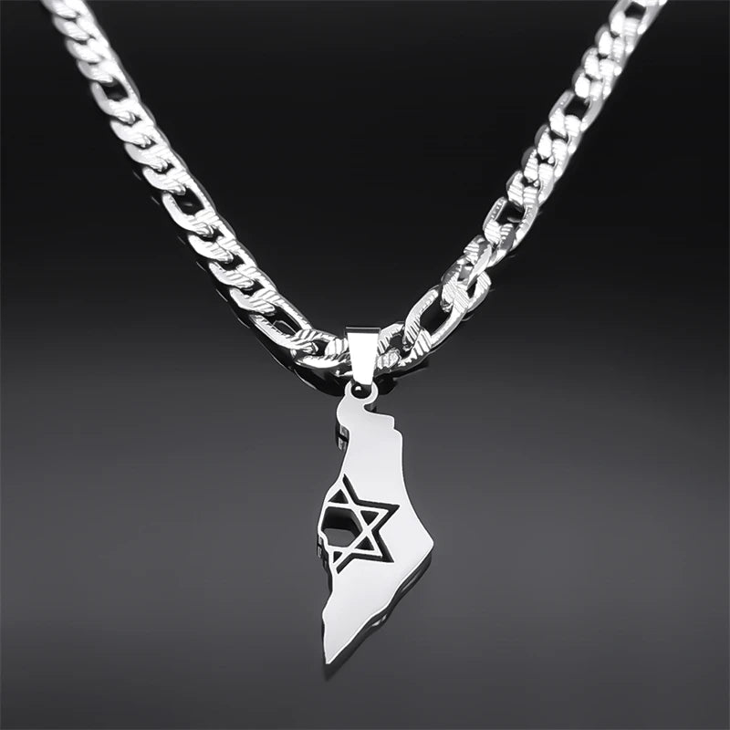 שרשרת מפת ישראל עם מגן דוד מנירוסטה