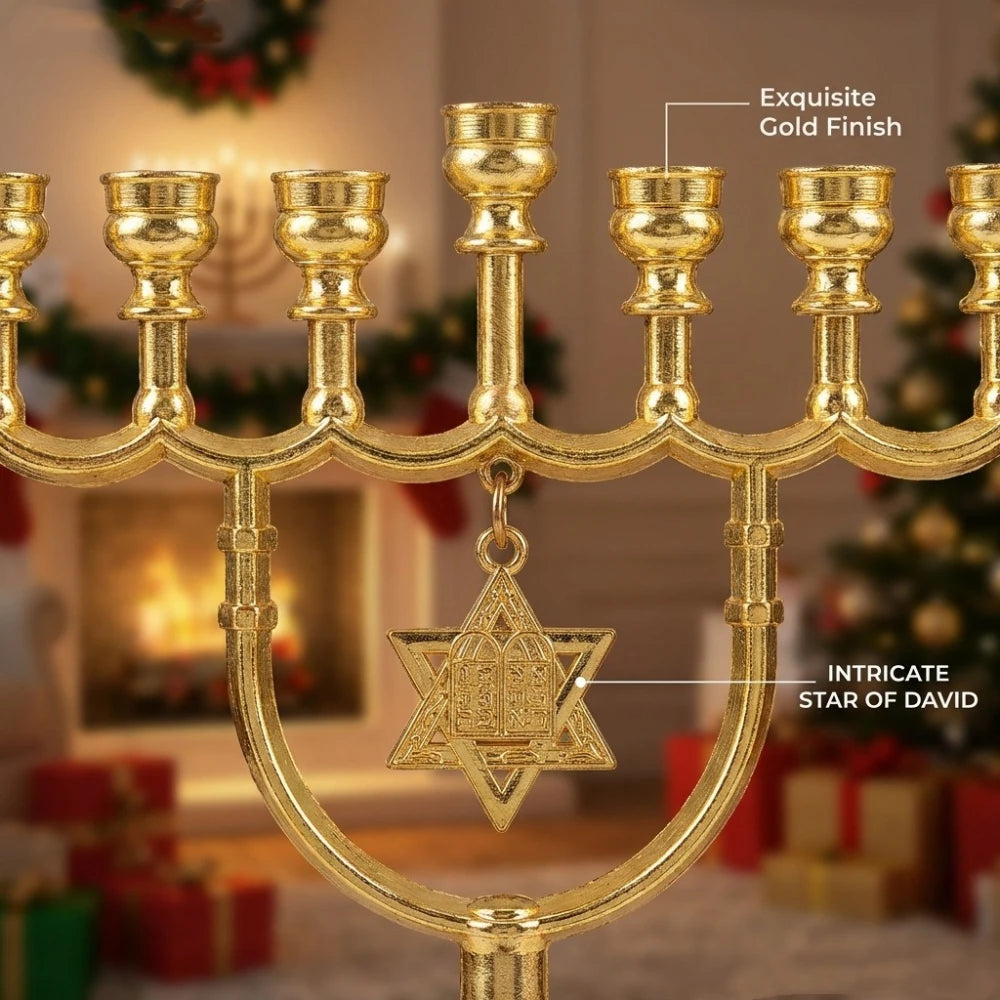 1 יחידה מנורת 7 קנים יהודית מזהב מסגסוגת אבץ פמוט עם מגן דוד מחזיק נרות דתי לחנוכה עיצוב הבית