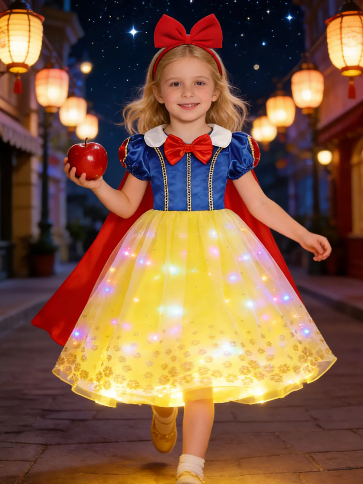 שמלת נסיכה פופולרית מסרט עם תאורת LED, שמלת שלגיה לבנה, עם גלימה וכיסוי ראש למסיבת ליל כל הקדושים, קרנבל, יום הולדת וקוספליי