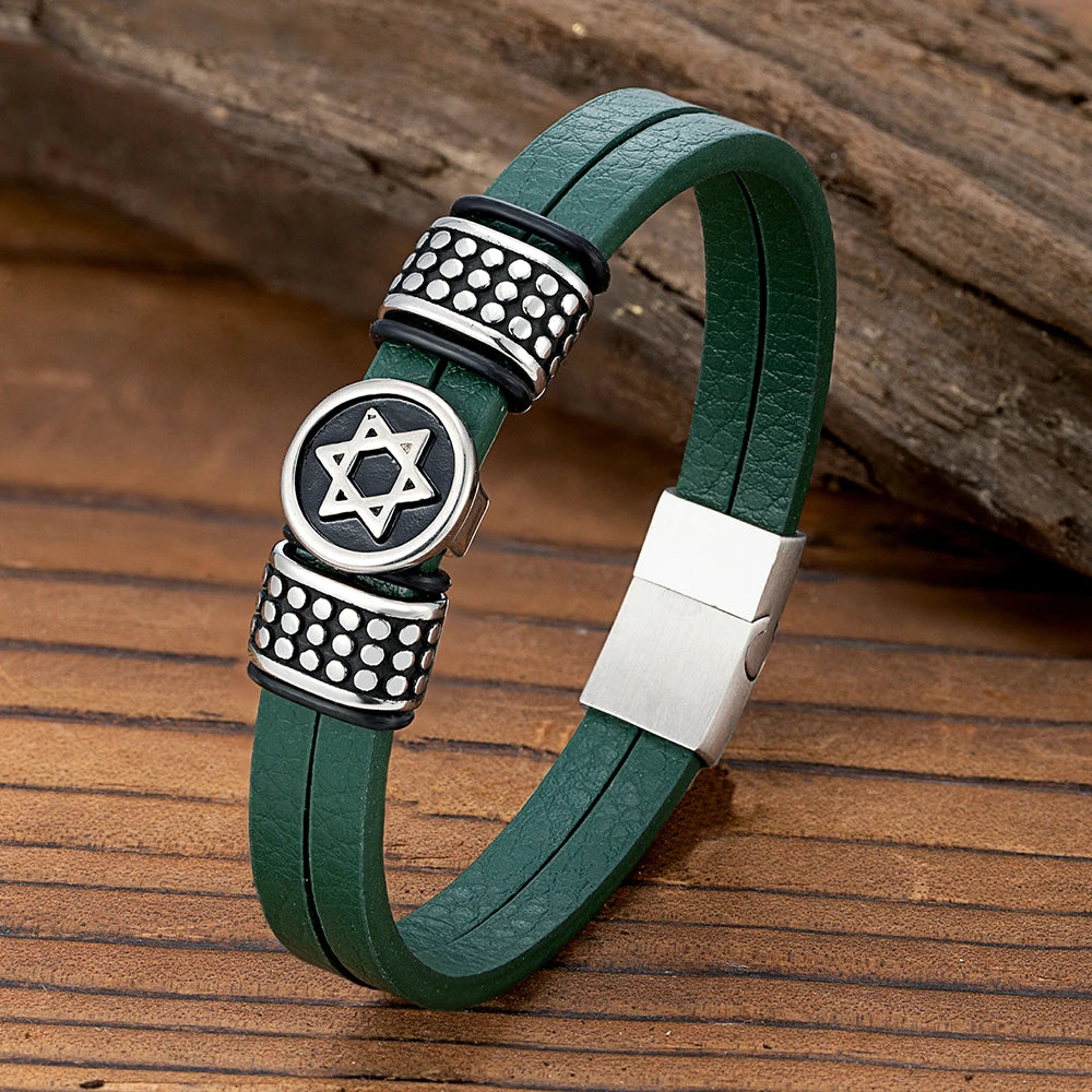 צמיד עור וינטג׳ עם מגן דוד וסגירה מגנטית