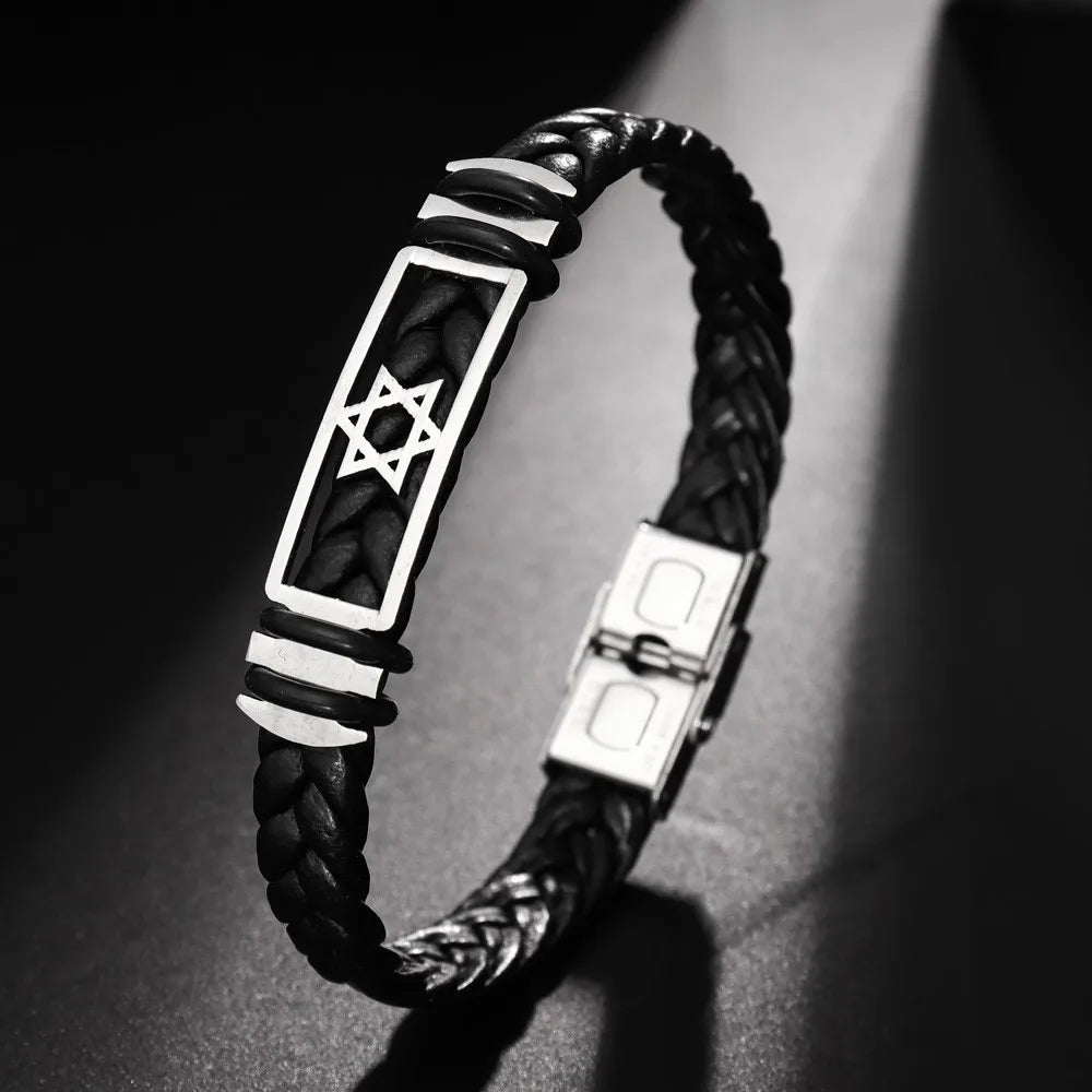 צמיד עור קלוע לגברים עם מגן דוד