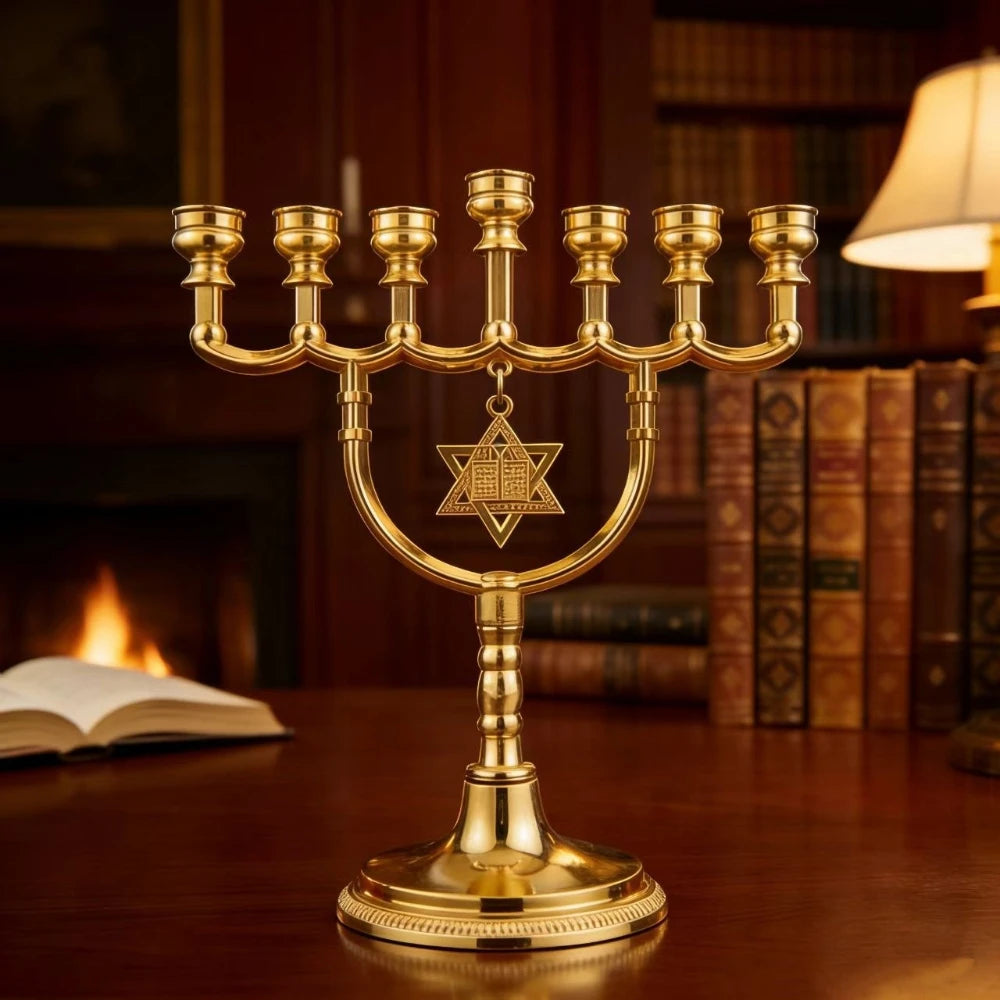 1 יחידה מנורת 7 קנים יהודית מזהב מסגסוגת אבץ פמוט עם מגן דוד מחזיק נרות דתי לחנוכה עיצוב הבית