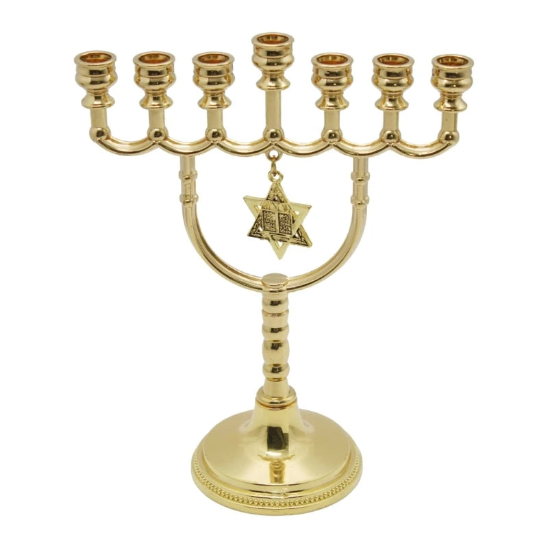 מנורה יהודית מסורתית בעלת 7 קנים, קישוט בדמות כלי המקדש בירושלים
