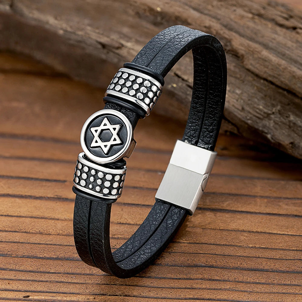 צמיד עור וינטג׳ עם מגן דוד וסגירה מגנטית