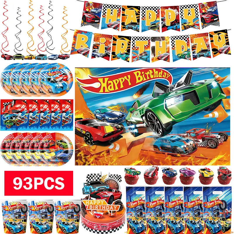 קישוטים וכלים למסיבת יום הולדת בנושא מכוניות מרוץ