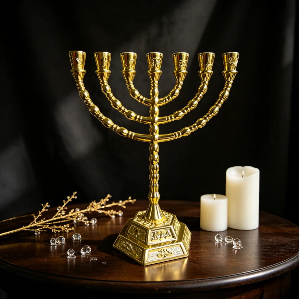 יחידה אחת של מנורת חנוכה דתית, פמוט 7 קנים מסגסוגת אבץ מוזהבת עם בסיס משושה מובלט, קישוט מזכרת לתצוגה על מזבח יהודי