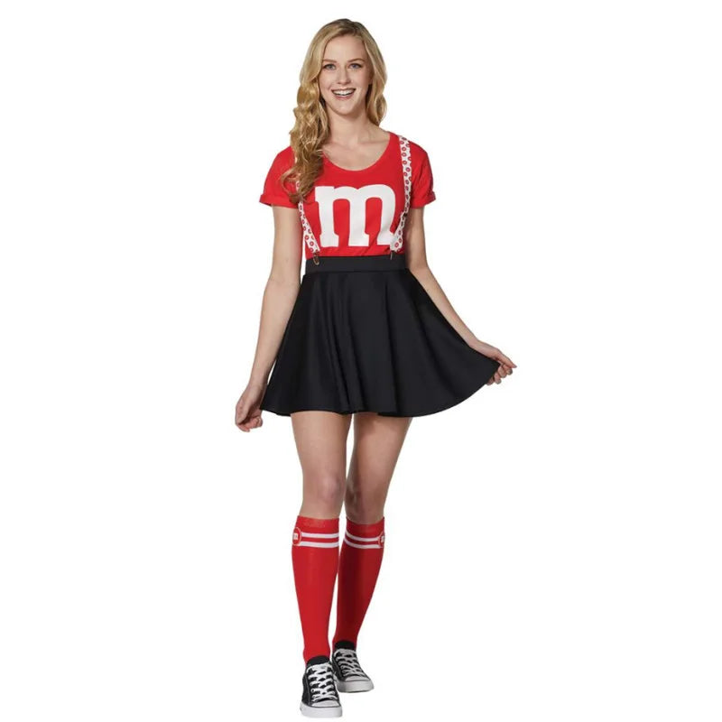 תחפושת מעודדות M&M לנשים, חצאית טוטו, חולצת טי, ערכת מדי מעודדת, שלייקס מחוברים, תחפושת קבוצתית למבוגרים