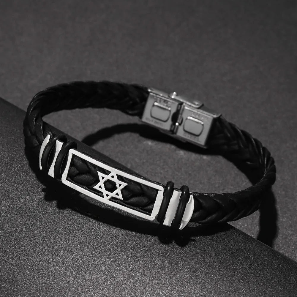 צמיד עור קלוע לגברים עם מגן דוד