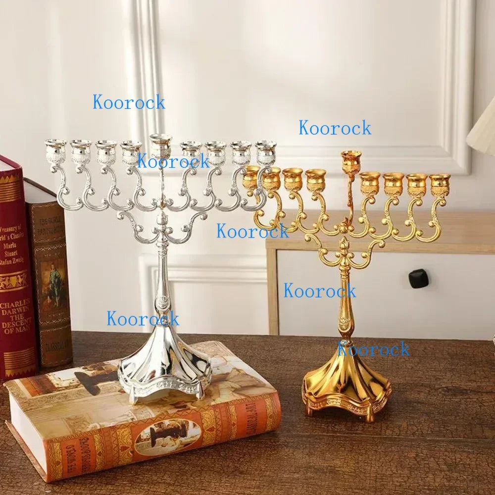 פמוט מסגסוגת, חנוכייה 9 קנים, מנורת חנוכה, קישוט שולחני אלגנטי בעבודת יד, פמוט למנורת שמן זית
