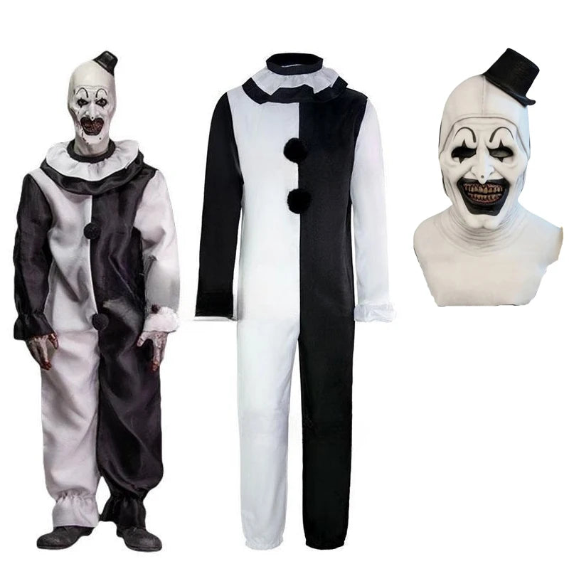 תחפושת ארט הליצן מהסרט "Terrifier 2" - אוברול ומסכה, תחפושת ליל כל הקדושים לגברים ונשים