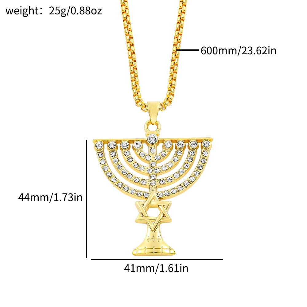 שרשרת תליון מנורה ומגן דוד עם זירקון