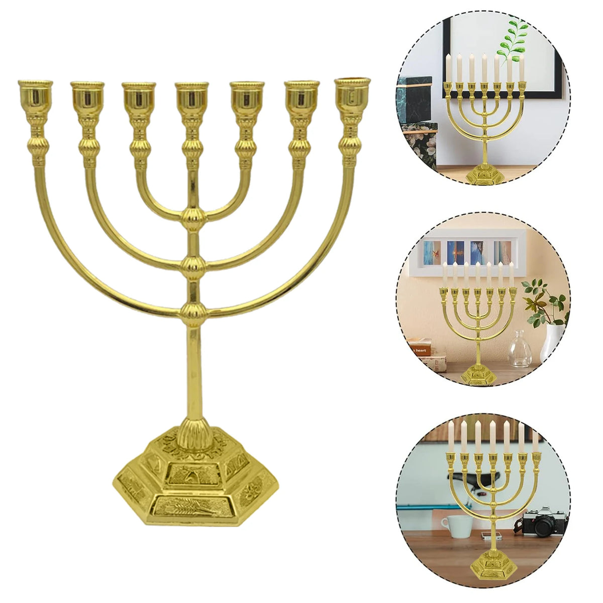 פמוט מנורת 7 קנים בית המקדש ירושלים 12 שבטי ישראל מנורה 17/13 ס"מ גובה פמוט חנוכה עתיק